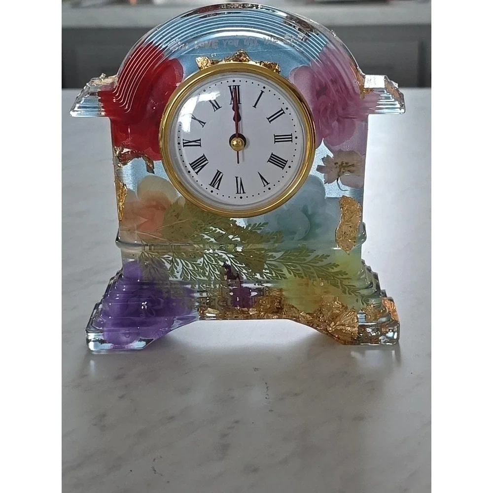 Handmade‎ Resin Desk Clock Decoration Gift Clear With Multi Colored Flowers 733